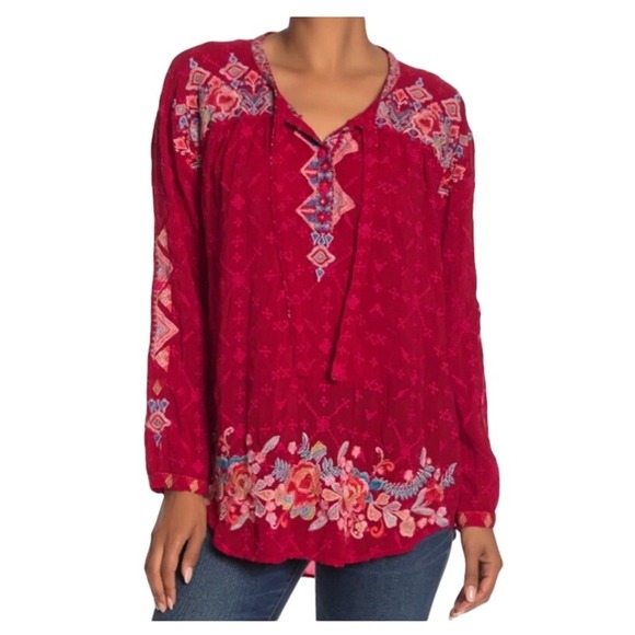 JOHNNY WAS Gina Embroidered Floral Boho Peasant Red Tunic Blouse Top Size S - Picture 2 of 13